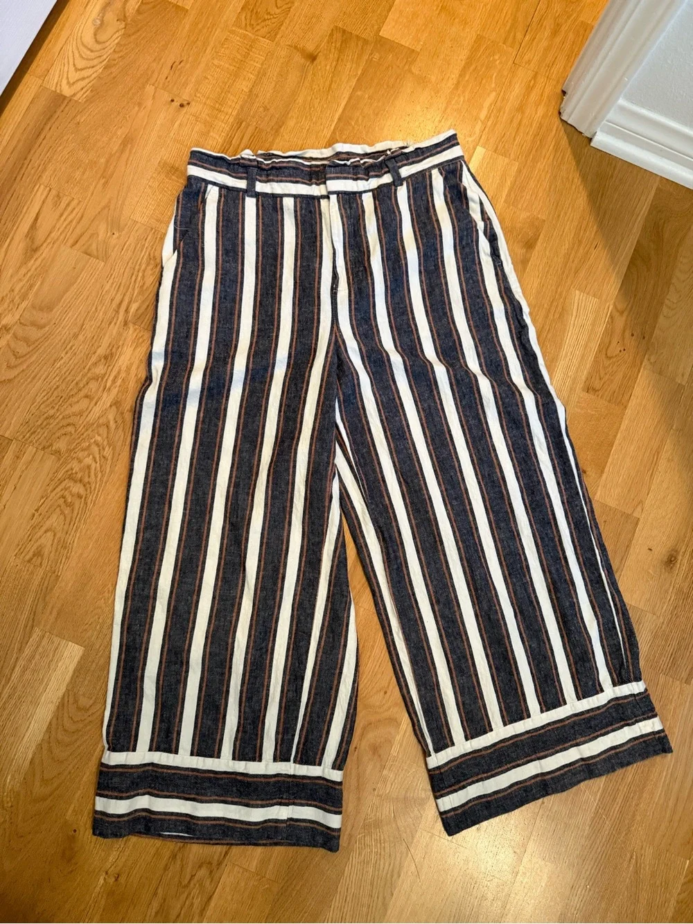 Striped High-Waist Linen Blend Pants in Navy, White & Rust